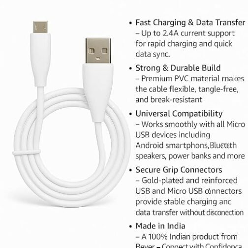 Bever BT-333,USB Data Cable, White, USB-A to Micro-USB - Image 3